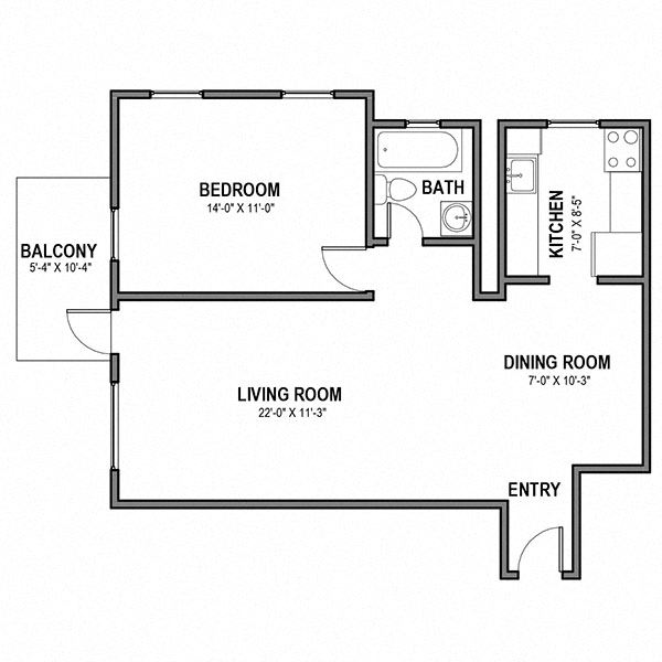 Floor plan for 1 bed, 1 bath, 626 sqft